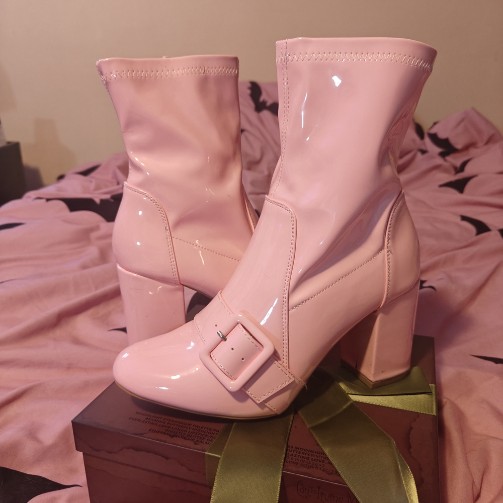 Pink Vegan Leather Ankle Boots
